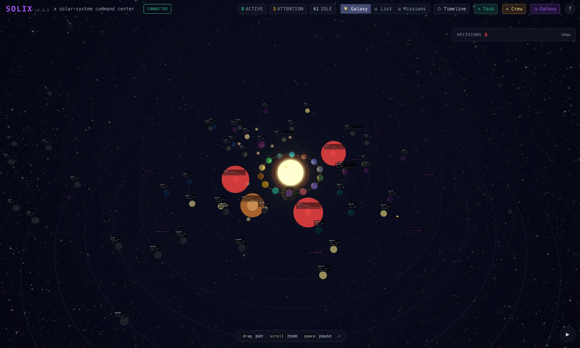 The Solix galaxy view with agents as planets, subagents as moons, and skills as an asteroid belt.